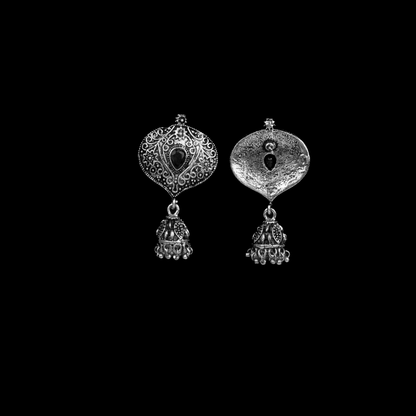 Black Stone Studded Oxidised Earrings With Hanging Jhumki