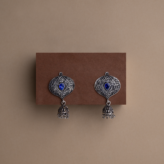 Blue Stone Studded Oxidised Earrings With Hanging Jhumki