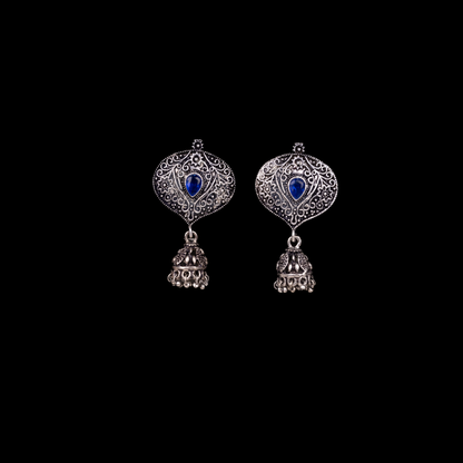 Blue Stone Studded Oxidised Earrings With Hanging Jhumki