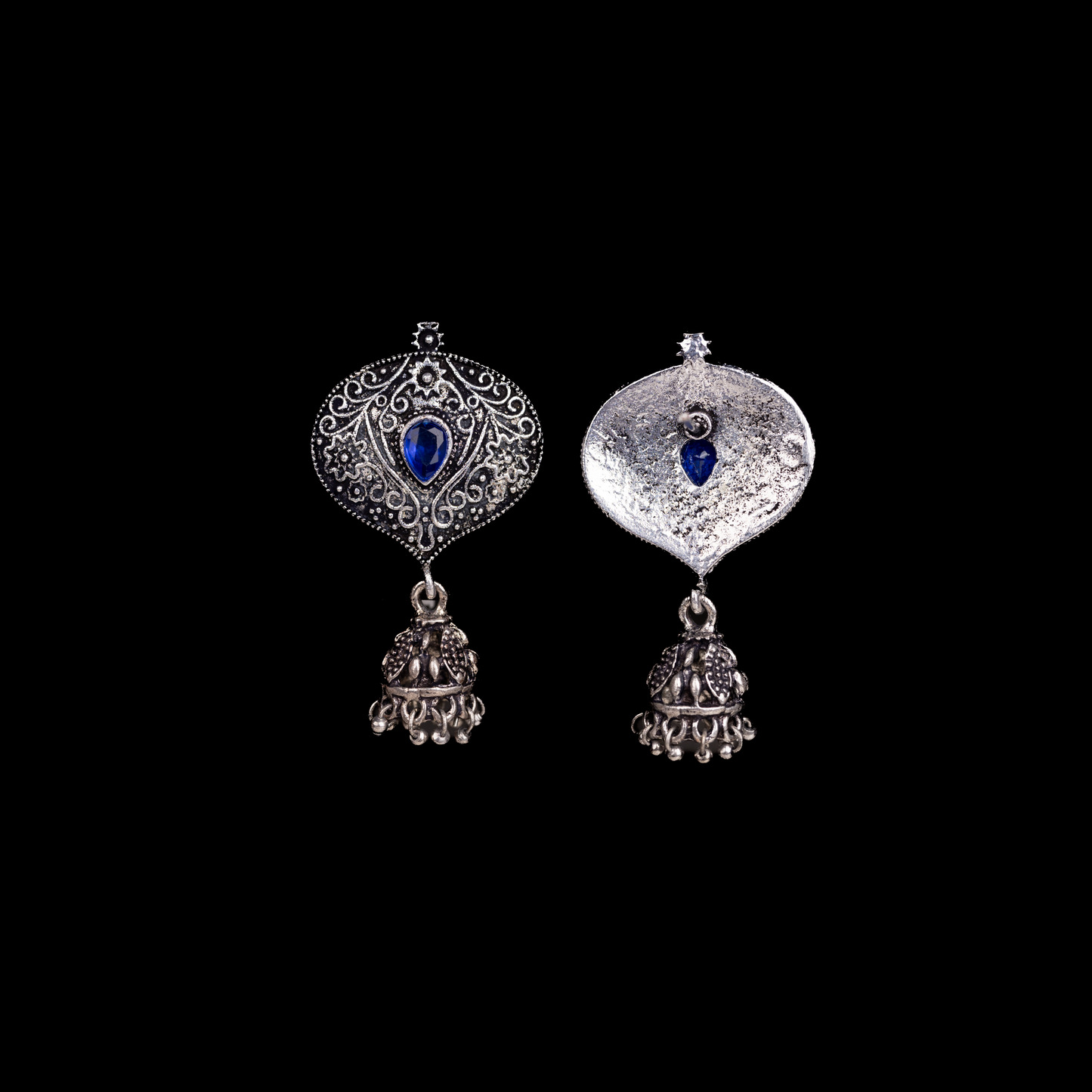 Blue Stone Studded Oxidised Earrings With Hanging Jhumki