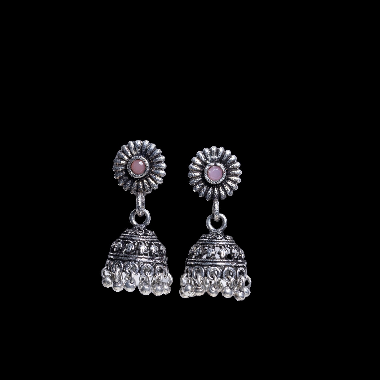 Baby Pink Stone Studded Tiny Earrings With Hanging Jhumki