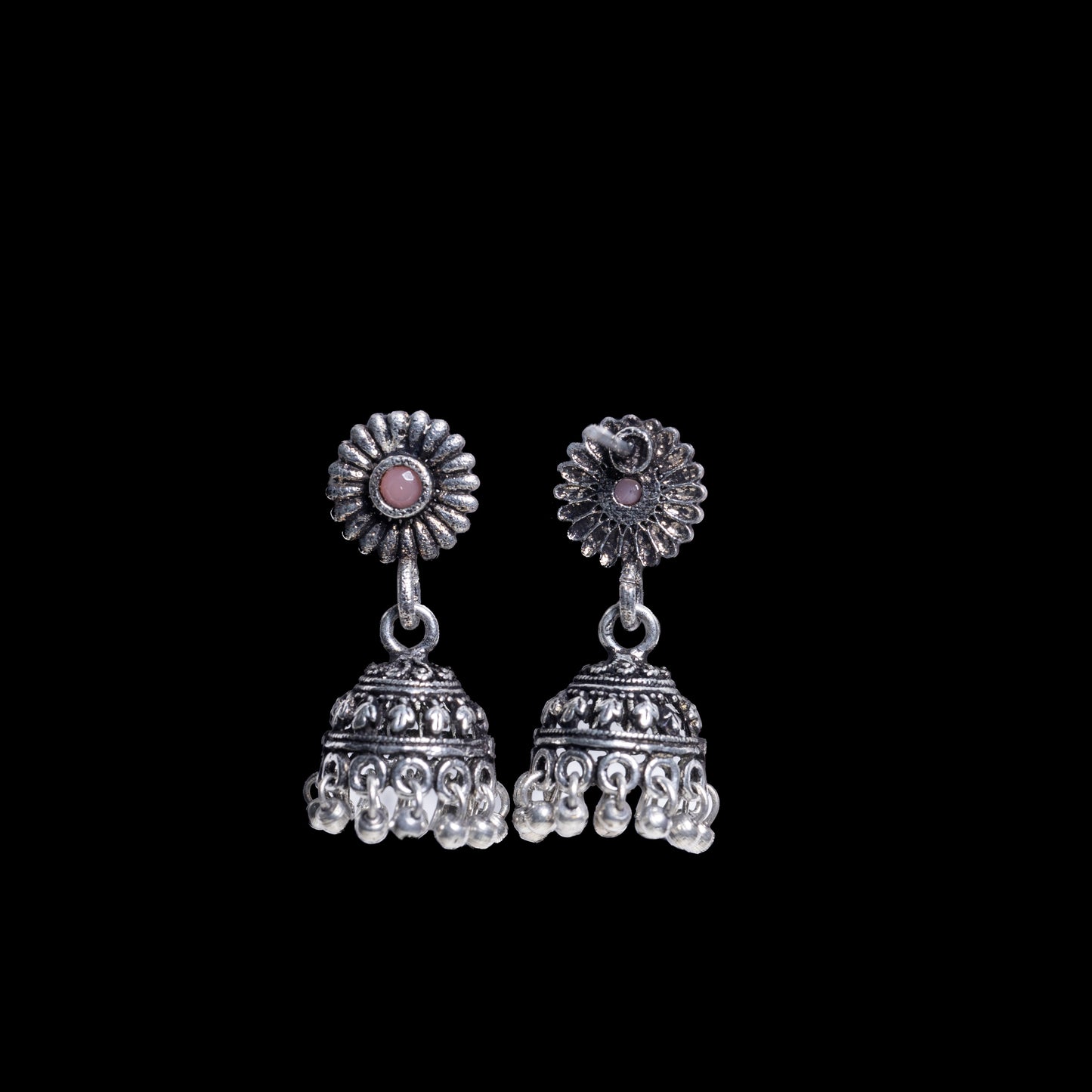 Baby Pink Stone Studded Tiny Earrings With Hanging Jhumki