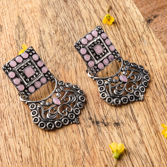 Baby Pink Stone Studded Oxidised Earrings