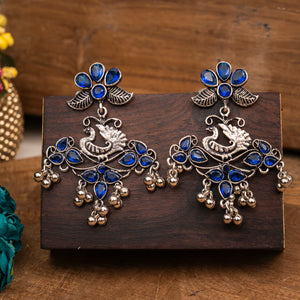 Blue Stone Studded Peacock Motif Oxidised Earrings