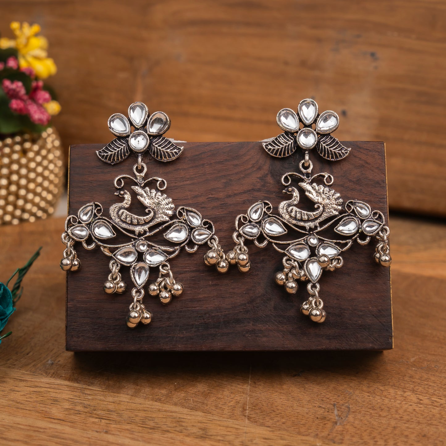 White Stone Studded Semicircular Oxidized Earrings With Hanging Jhumki