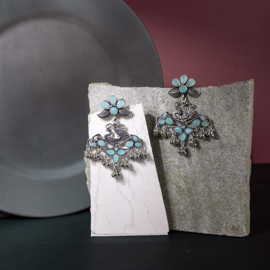 Mint Stone Studded Peacock Motif Oxidised Earrings