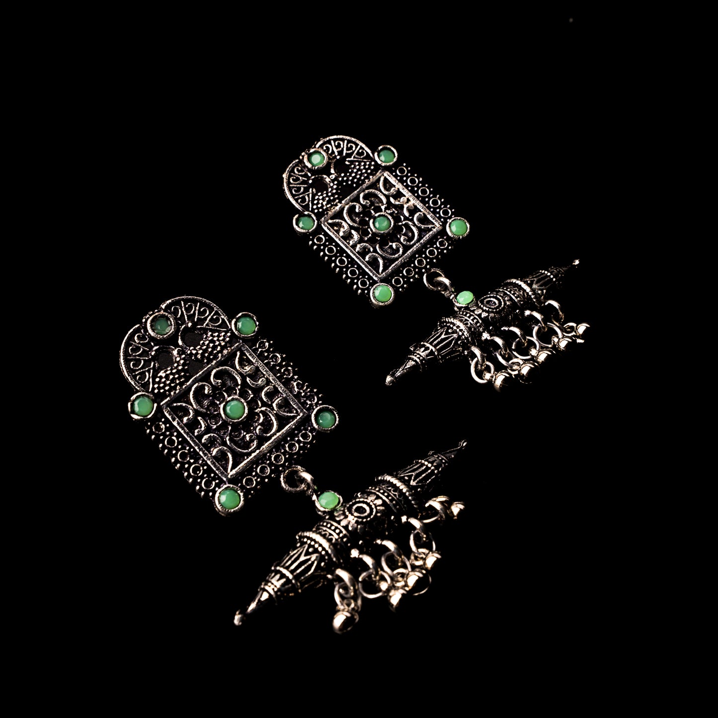 Pista Stone Studded Oxidised Statement Earrings With Hanging Ghunghuroo