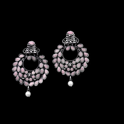 Baby Pink Stone Studded Oxidized Danglers