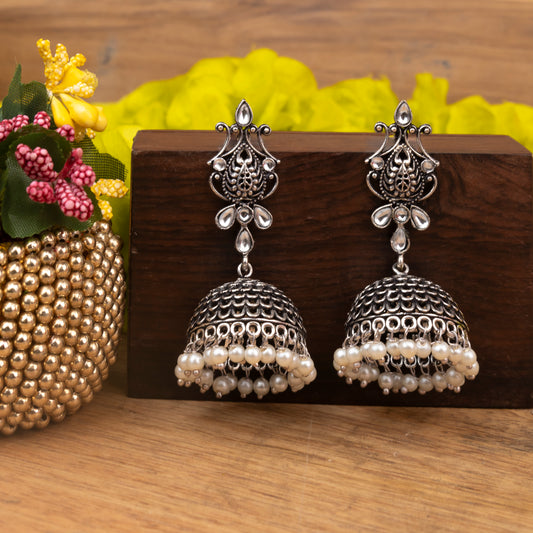 White Stone Studded Intricate Danglers With Hanging Jhumki