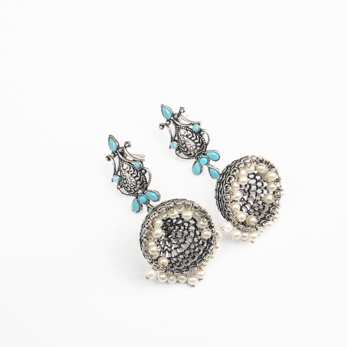 Sky Blue Stone Studded Intricate Danglers With Hanging Jhumki