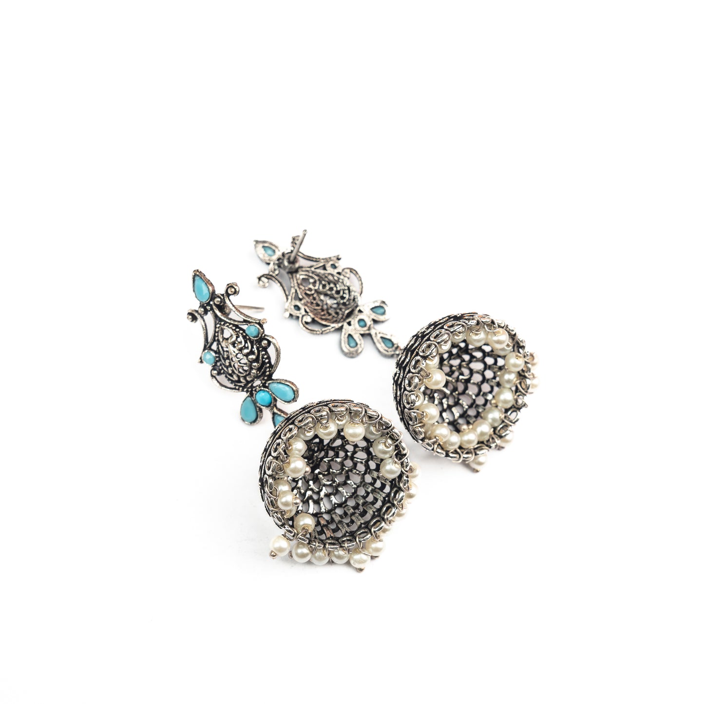 Sky Blue Stone Studded Intricate Danglers With Hanging Jhumki