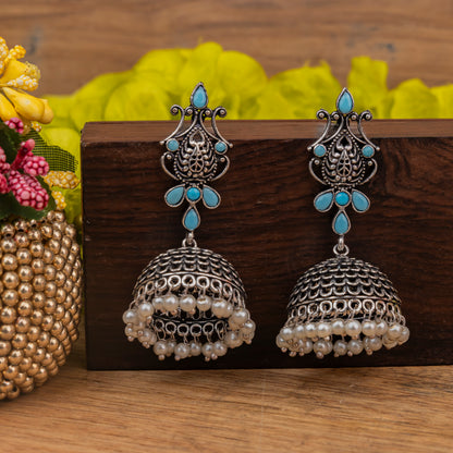 Sky Blue Stone Studded Intricate Danglers With Hanging Jhumki