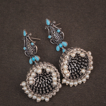 Sky Blue Stone Studded Intricate Danglers With Hanging Jhumki