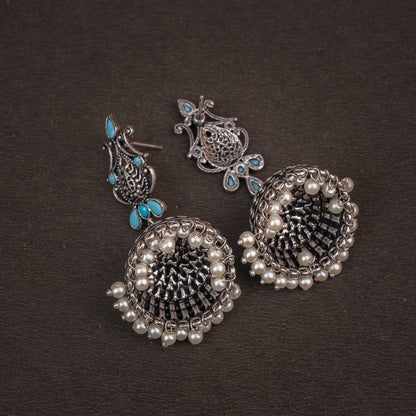 Sky Blue Stone Studded Intricate Danglers With Hanging Jhumki