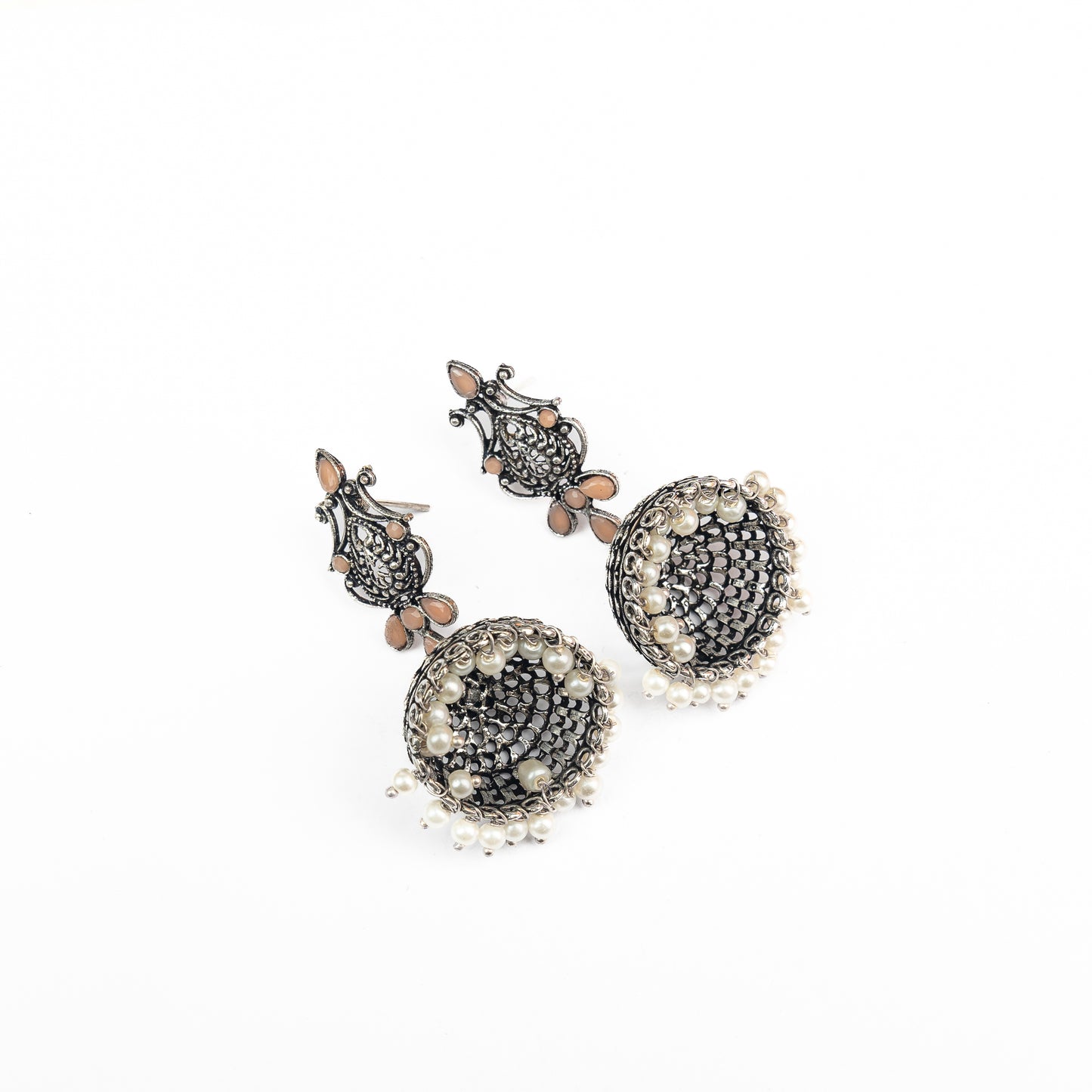 Light Orangish Stone Studded Intricate Danglers With Hanging Jhumki