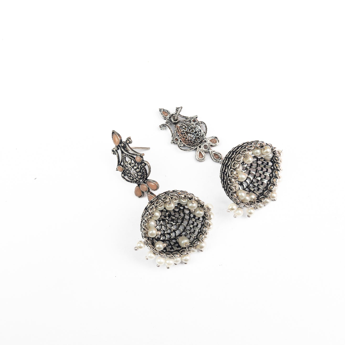 Light Orangish Stone Studded Intricate Danglers With Hanging Jhumki