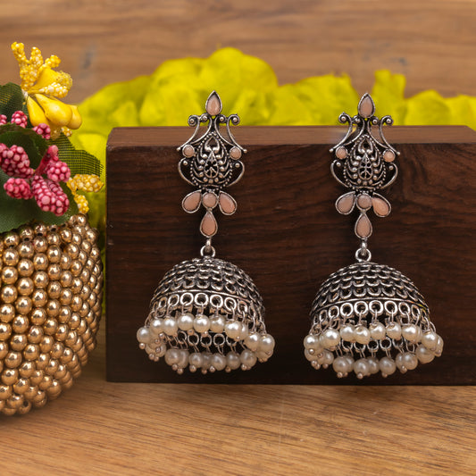 Light Orangish Stone Studded Intricate Danglers With Hanging Jhumki