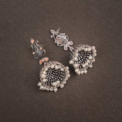 Light Orangish Stone Studded Intricate Danglers With Hanging Jhumki