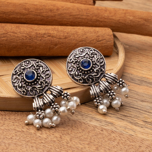 Blue Stone Studded Elegant Oxidised Stud Earrings