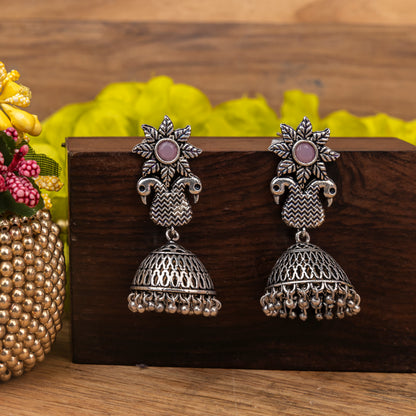 Baby Pink Stone Studded Intricate Danglers With Hanging Jhumki