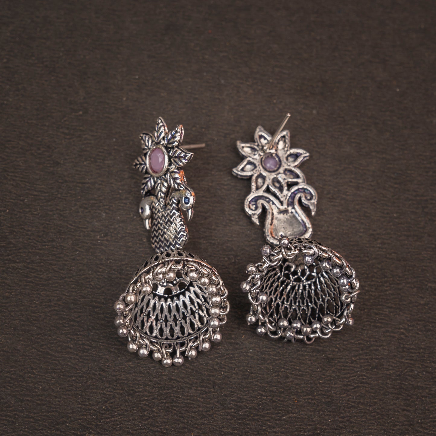 Baby Pink Stone Studded Intricate Danglers With Hanging Jhumki