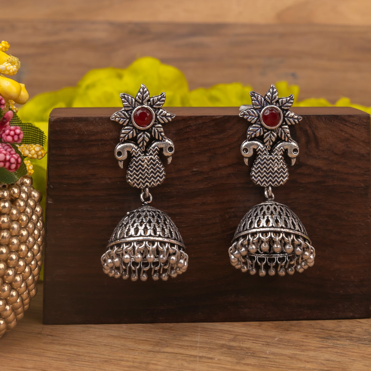 Dark Maroon Stone Studded Intricate Danglers With Hanging Jhumki