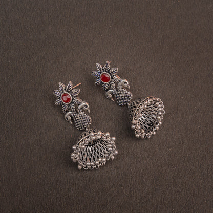 Dark Maroon Stone Studded Intricate Danglers With Hanging Jhumki