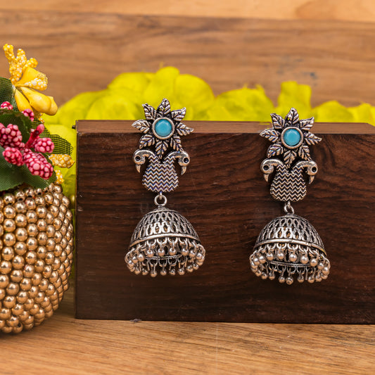 Sky Blue Stone Studded Intricate Danglers With Hanging Jhumki