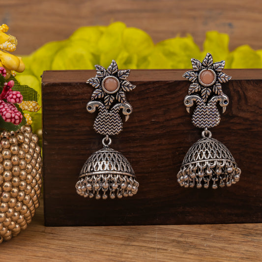 Light Orangish Stone Studded Intricate Danglers With Hanging Jhumki