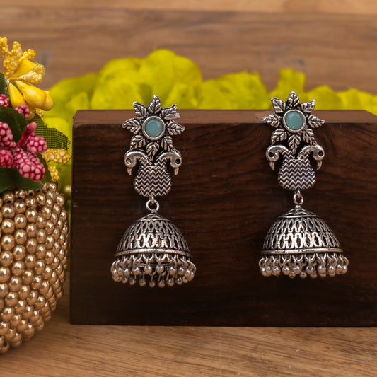 Mint Stone Studded Intricate Danglers With Hanging Jhumki