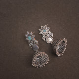 Mint Stone Studded Intricate Danglers With Hanging Jhumki