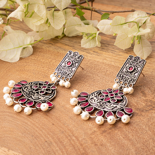 Red Stone Studded Statement Dangler Earrings