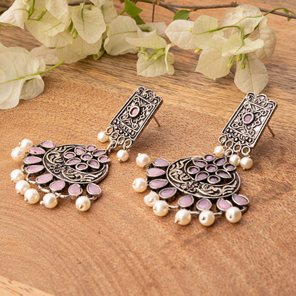 Baby Pink Stone Studded Statement Dangler Earrings