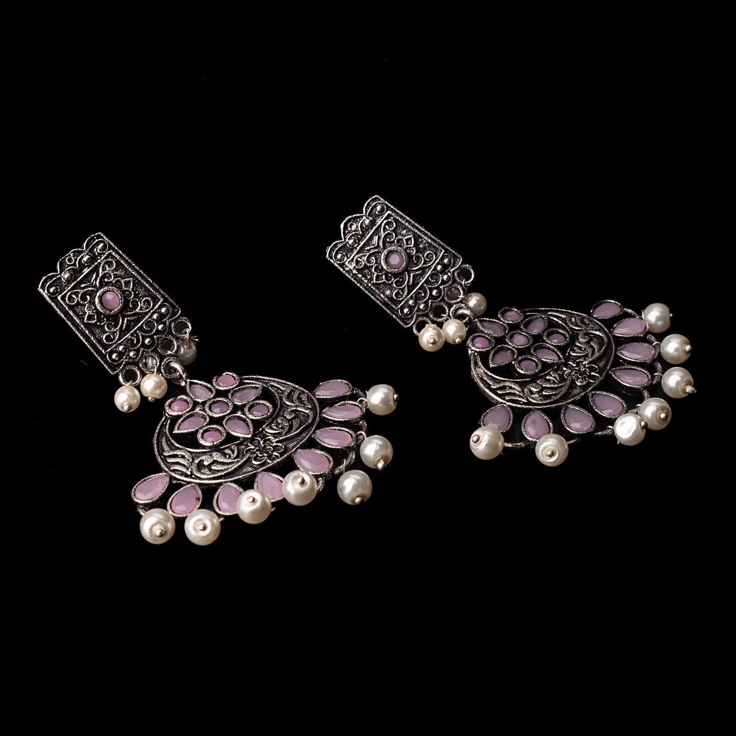 Baby Pink Stone Studded Statement Dangler Earrings