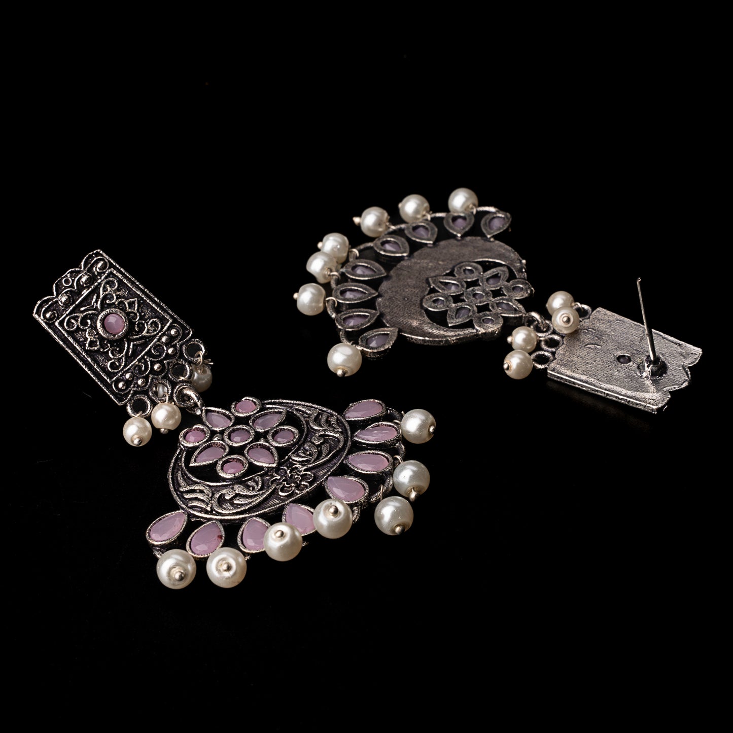 Baby Pink Stone Studded Statement Dangler Earrings