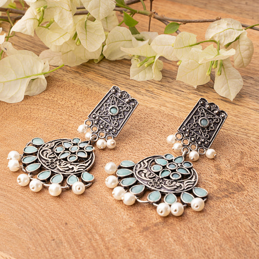 Mint Stone Studded Statement Dangler Earrings