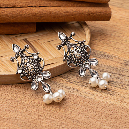 White Stone Studded Tiny Earrings With Hanging Pearls