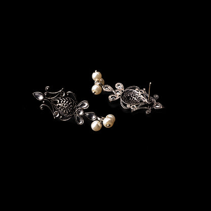 White Stone Studded Tiny Earrings With Hanging Pearls