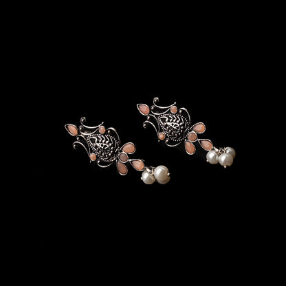 Light Orangish Stone Studded Tiny Earrings With Hanging Pearls