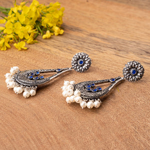 Blue Stone Studded Statement Earrings With Hanging Pearls