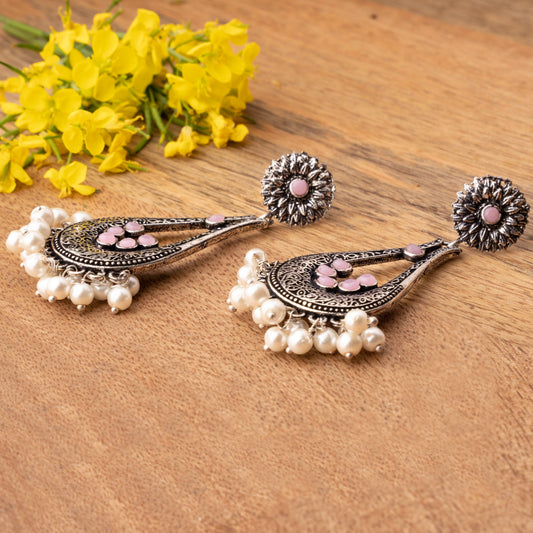 Baby Pink Stone Studded Statement Earrings With Hanging Pearls