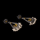 Yellow Stone Studded Statement Earrings With Hanging Pearls