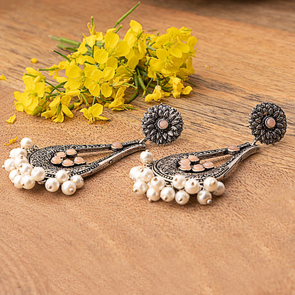 Light Orange Stone Studded Statement Earrings With Hanging Pearls