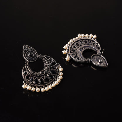 Black Stone Studded Oxidised Earrings With Hanging Pearls