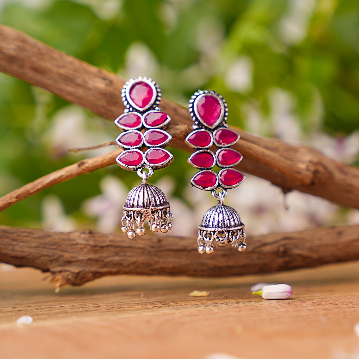 Red Stone Studded Oxidised Earrings With Hanging Jhumki