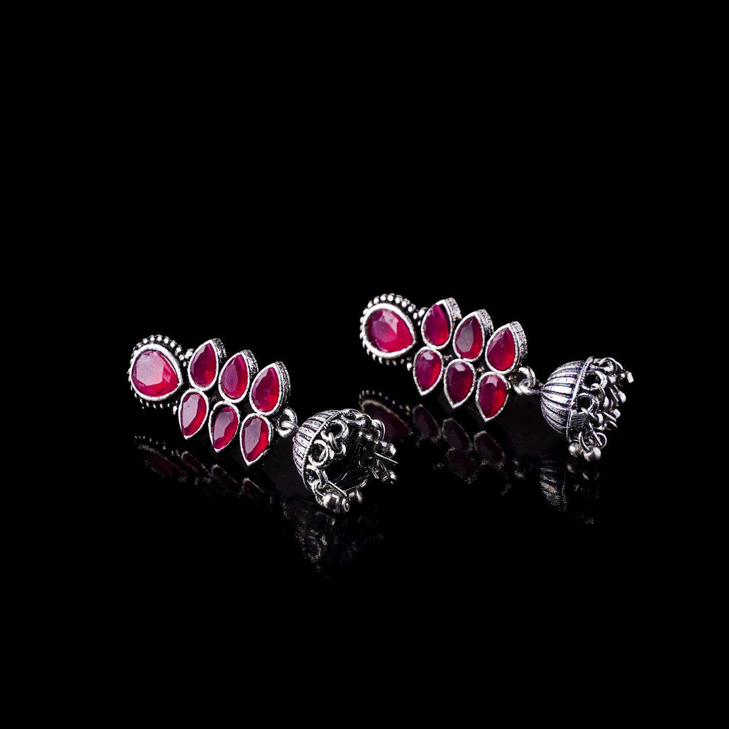 Red Stone Studded Oxidised Earrings With Hanging Jhumki