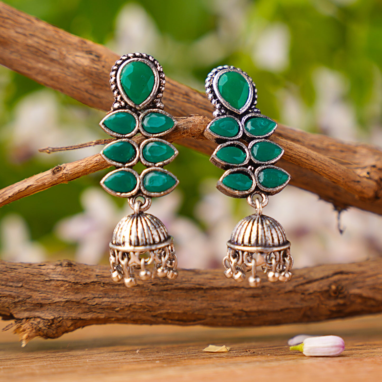 Green Stone Studded Oxidised Earrings With Hanging Jhumki