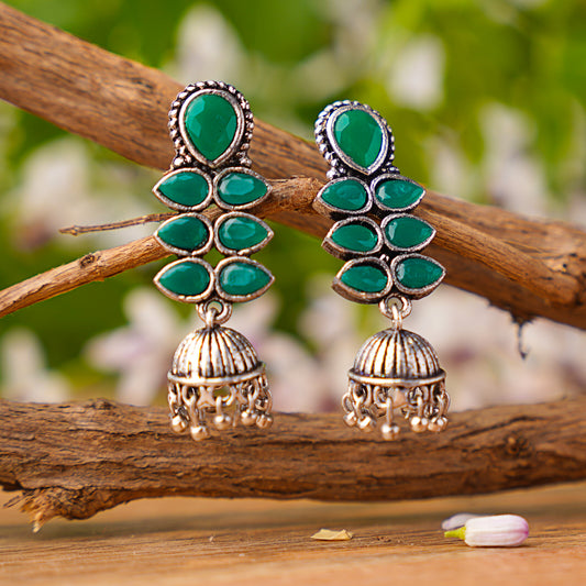 Green Stone Studded Oxidised Earrings With Hanging Jhumki