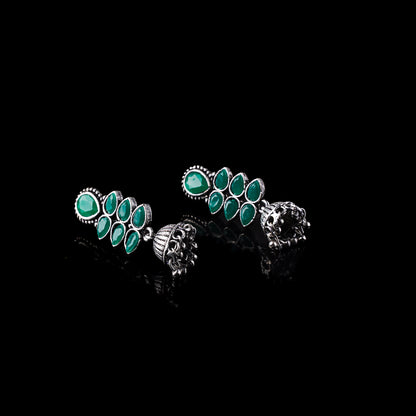 Green Stone Studded Oxidised Earrings With Hanging Jhumki