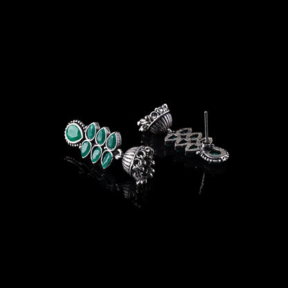 Green Stone Studded Oxidised Earrings With Hanging Jhumki